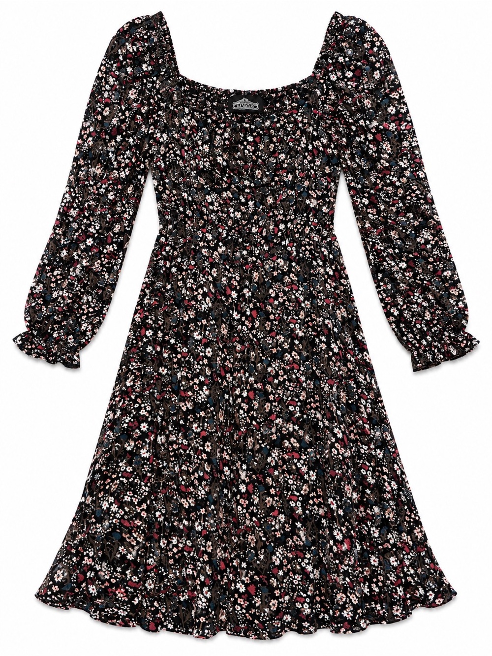 Angie Black Floral Smocked Square-Neck Long Sleeve Midi Dress